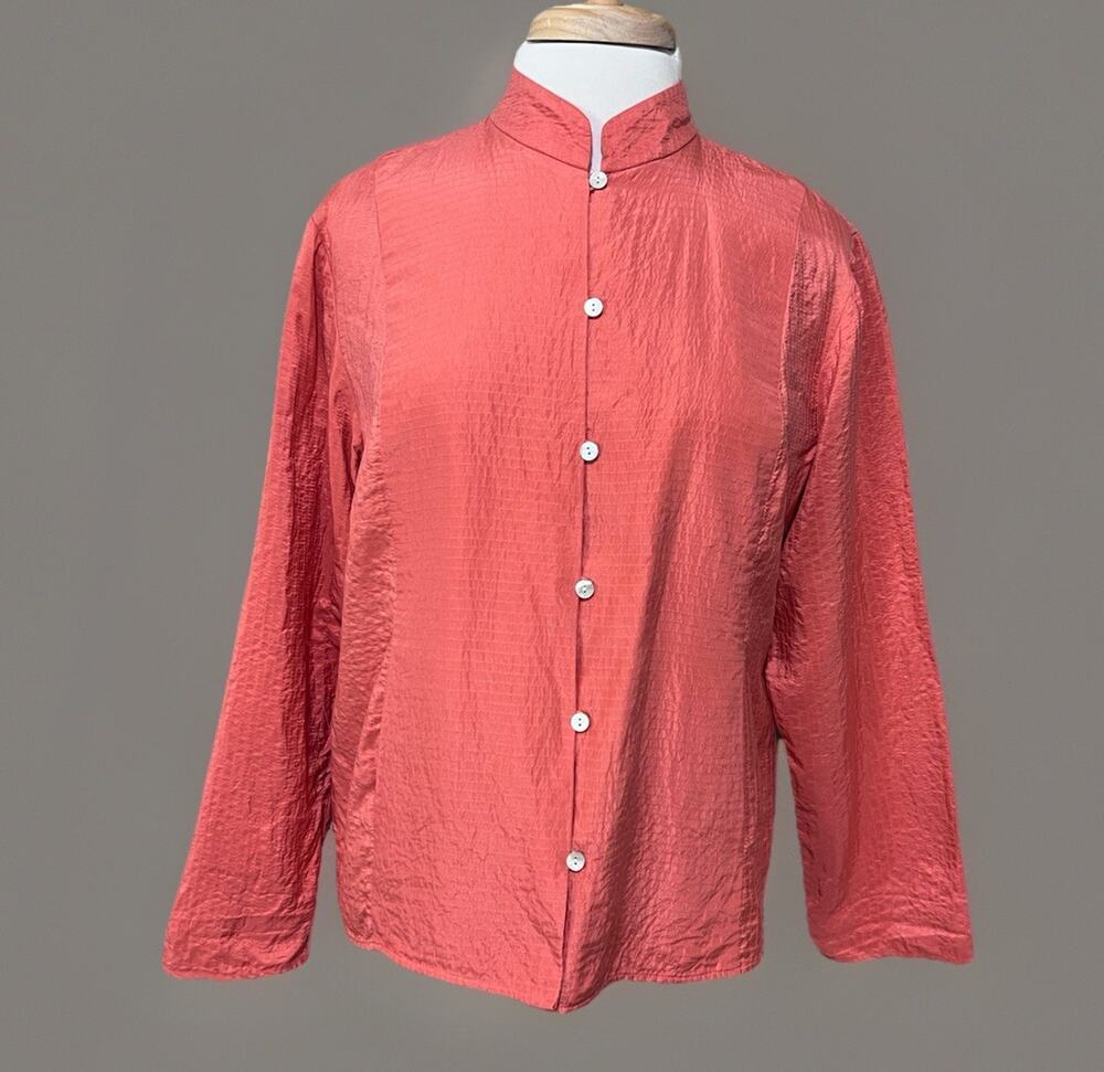 Linden Hill Top Mandarin Jacket Blouse Salmon Pink 100% Silk Large Pockets